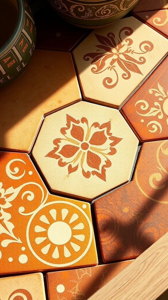 Handcrafted oat zellige tiles with earthy tones displayed on a wooden surface.